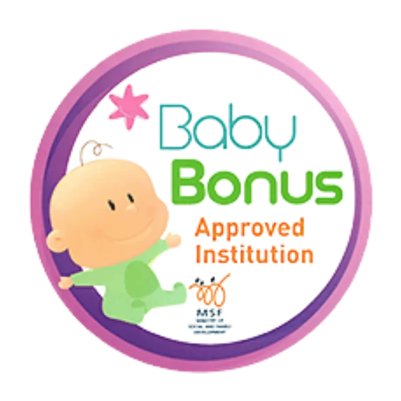 Logo for a Baby Bonus Approved Institution: a smiling baby inside a purple ring with turquoise 'Baby' and green 'Bonus' text, plus orange 'Approved Institution' wording.