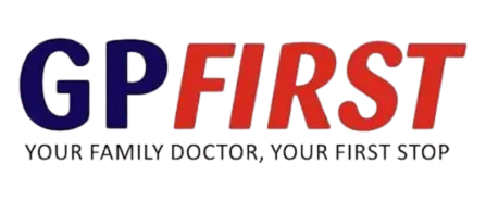 GP FIRST logo: blue 'GP' and red 'FIRST' with the motto 'Your family doctor. Your first stop.'
