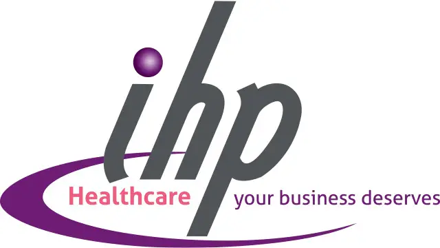 HP Healthcare logo featuring gray 'hp' lettering, purple swoosh, and the tagline 'your business deserves' in purple with 'Healthcare' in pink/red