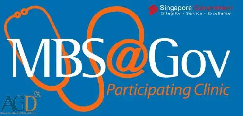 Blue banner announcing 'MBS@Gov Participating Clinic' with orange loop graphics, Singapore Government logo, and AGD logo on the left.