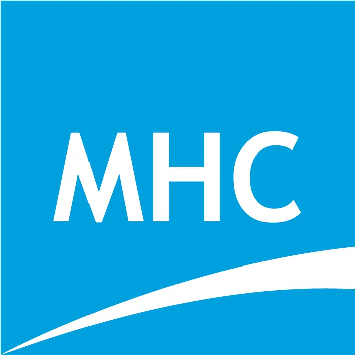 MHC logo: white 'MHC' text on blue background with a white curved swoosh at the bottom.