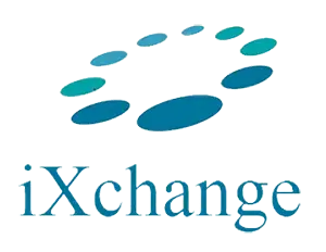 iXchange logo with a ring of blue oval shapes above the brand name in blue text of serif style.