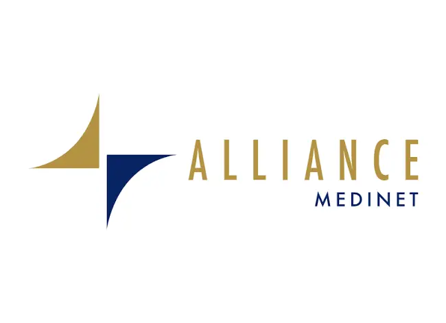Alliance Medinet logo featuring abstract gold and navy shapes beside the gold word ALLIANCE and blue MEDINET text on a white background.