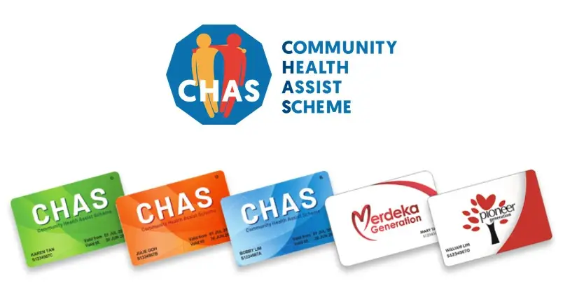 CHAS logo with two figures inside a blue octagon, above a fan of five colorful health-scheme cards (green, orange, blue, Merdeka Generation, Pioneer).