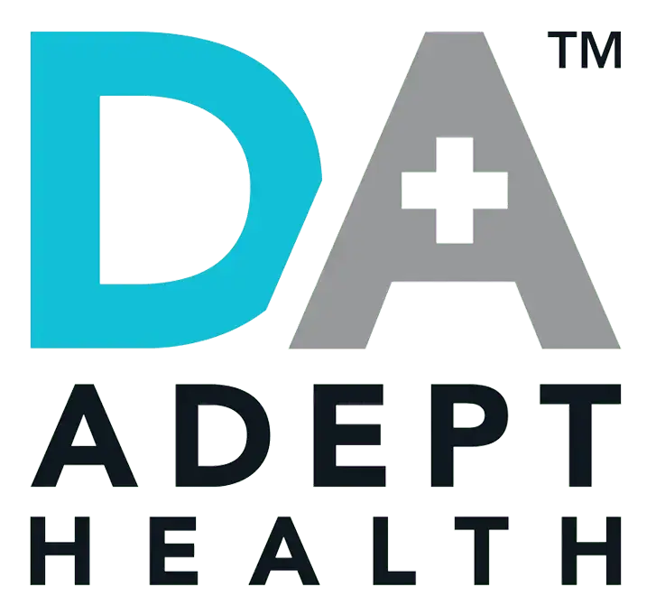 Logo for DAdept Health featuring a blue D and a gray A with a medical cross, with 'ADEPT HEALTH' below.
