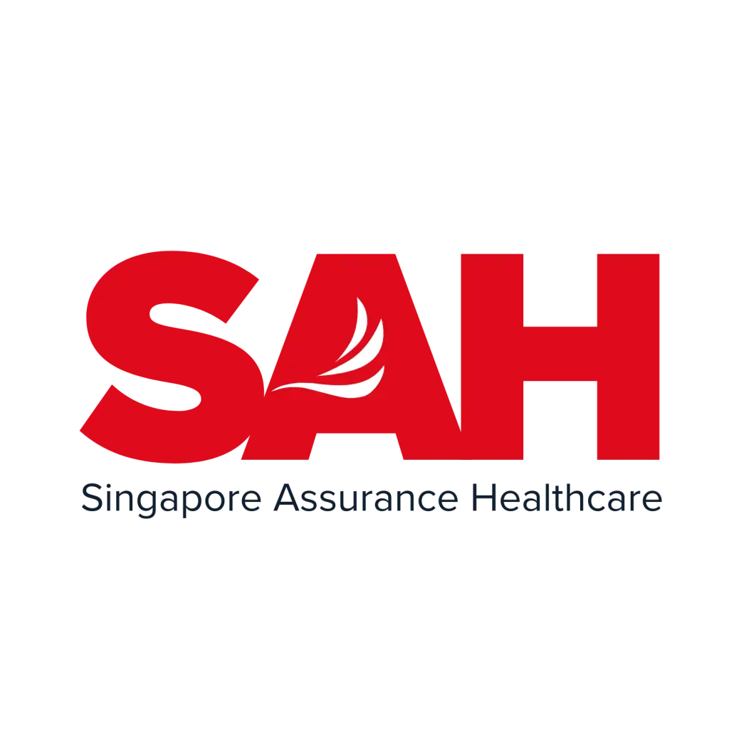 SAH logo: bold red letters 'SAH' with a white wave motif inside the 'A', and 'Singapore Assurance Healthcare' beneath on a dark background.
